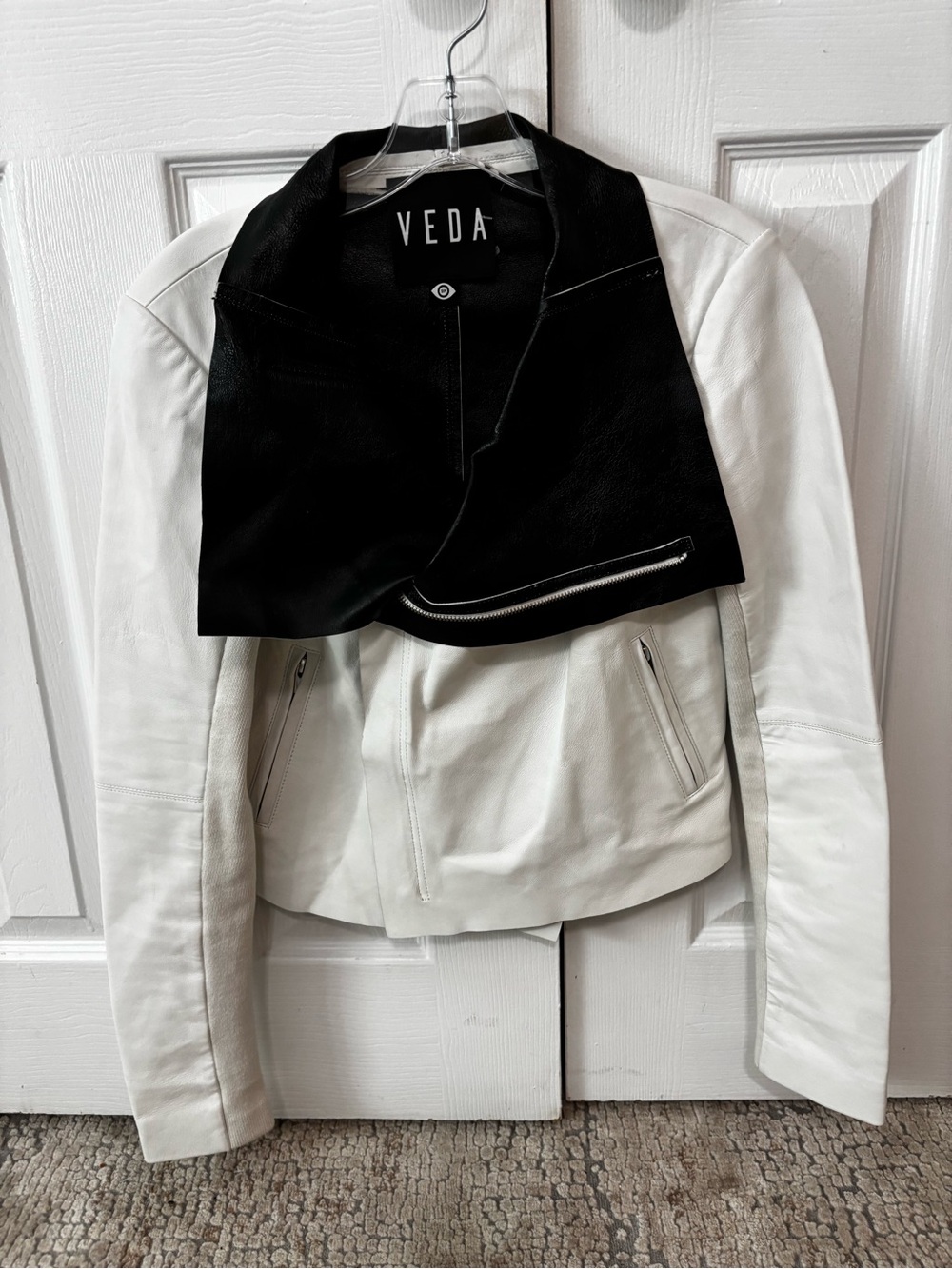 VEDA Contrast Leather Moto Jacket in Black and White